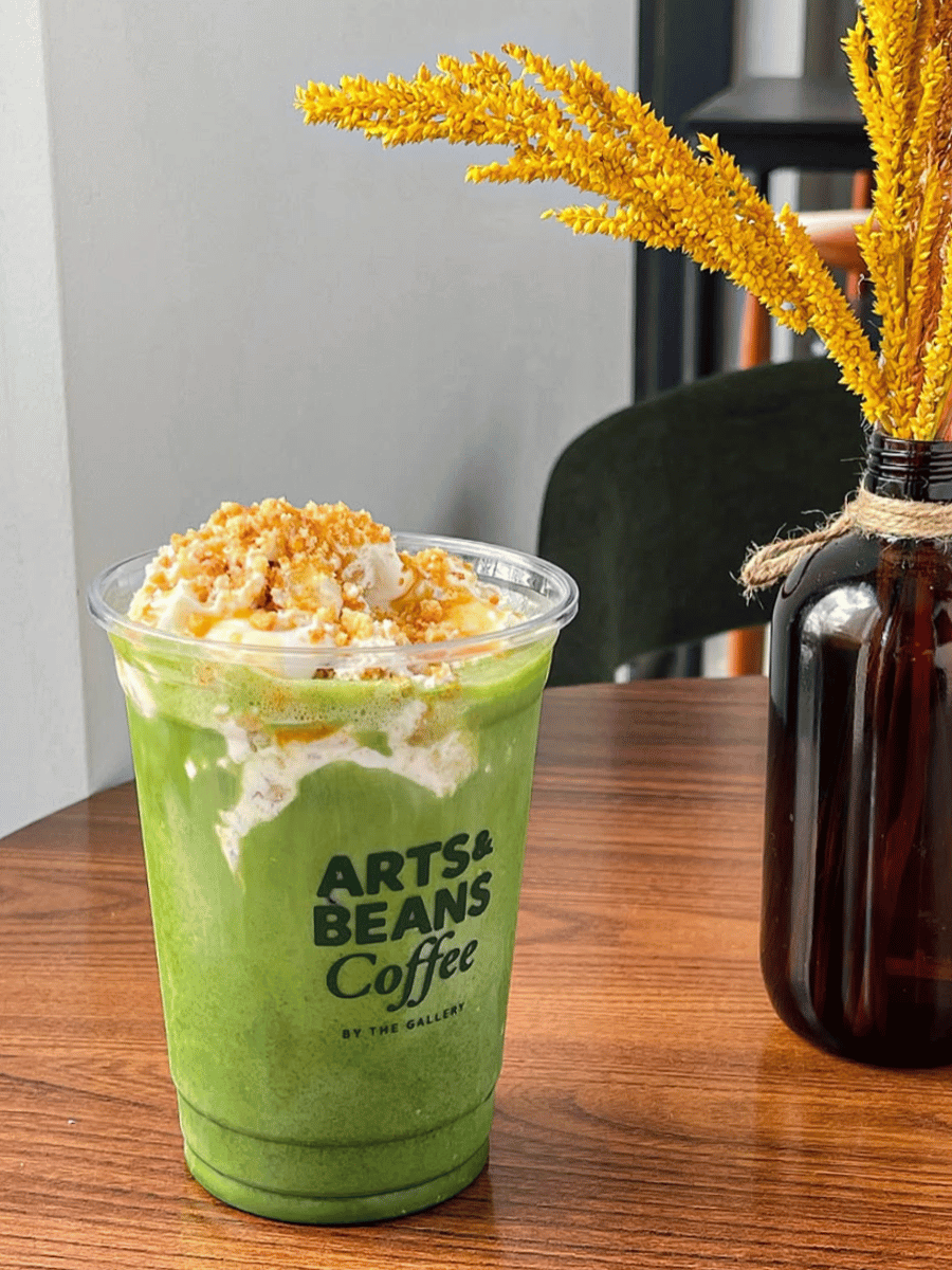 banana matcha pudding latte from arts and beans cafe